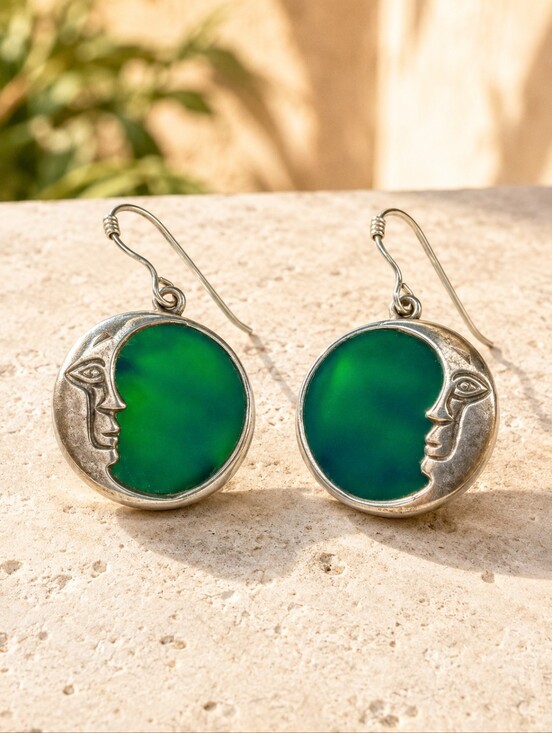Vintage Jewelry - Vintage Sterling Silver Green Stone Moon Face Dangle Earrings